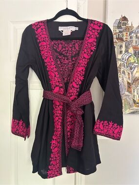 Gretchen Scott Designs lightweight wool knit jacket with embroidery and tie belt